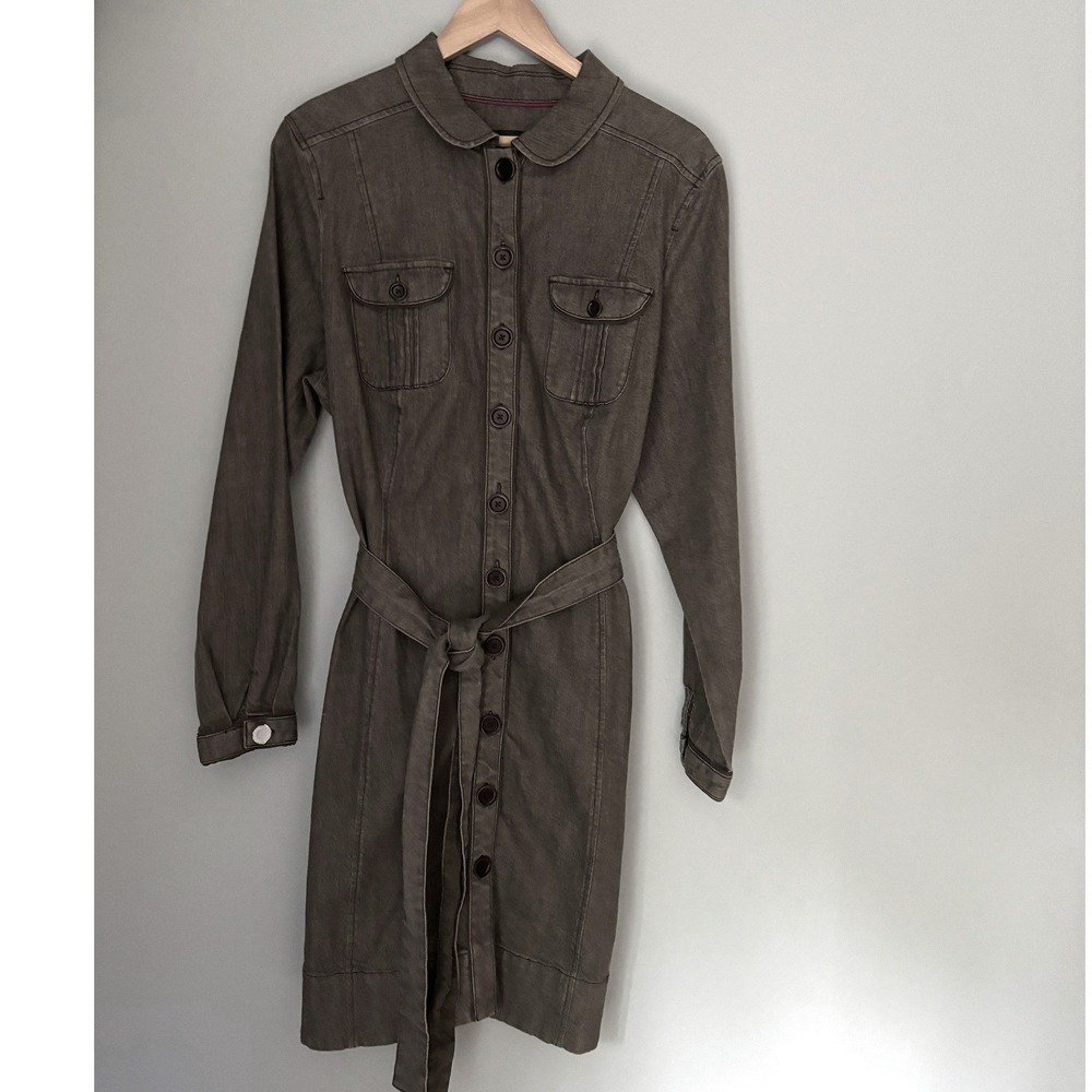 Boden Women Brown Denim Shirt Dress Peter Pan Collar Belted Utility Size 16R